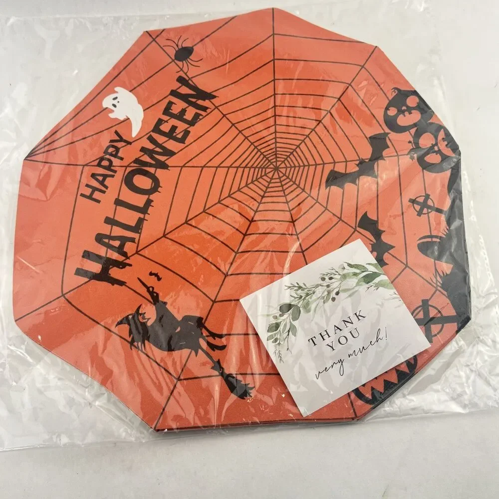 Halloween Placemats Set of 4 Ghost Bat Orange Round Faux Leather 14 Inch Non Sli
